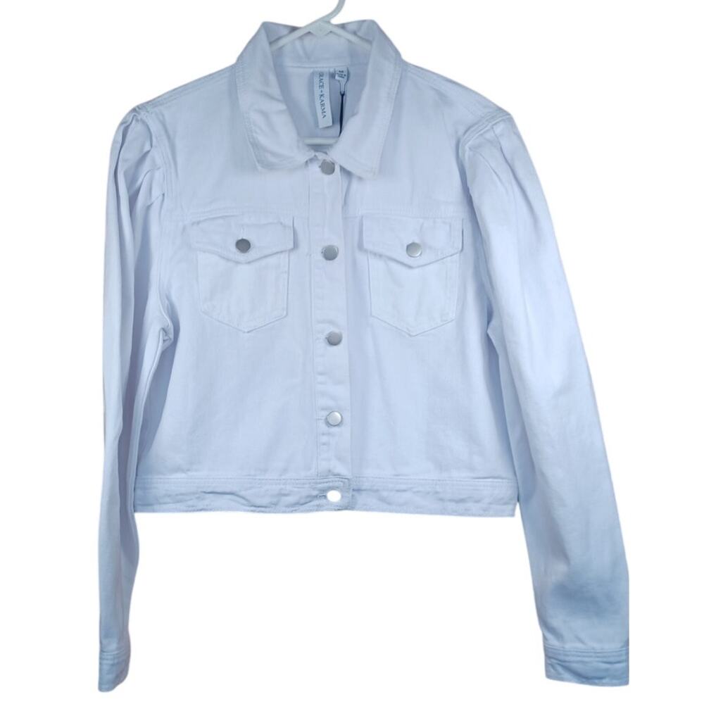 Grace & Karma White Puff Sleeve Cropped Denim Jacket Women's Size Medium